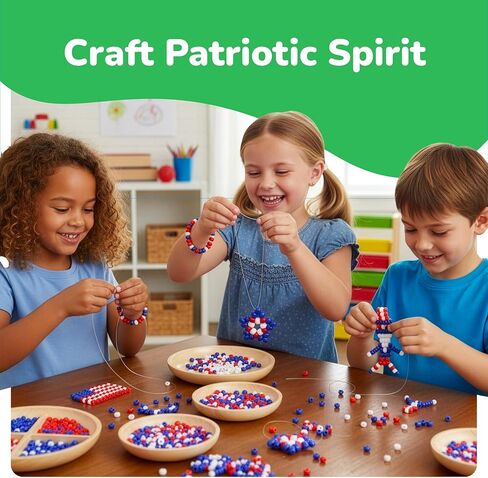 ArtCreativity 1000+ PCS Patriotic Beads Kit for Kids - Red White and Blue Plastic Jewelry Beads with 40m String for Making USA Flag Necklaces & Bracelets - July 4th Arts and Crafts for Kids in Kuwait