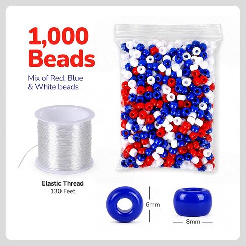 ArtCreativity 1000+ PCS Patriotic Beads Kit for Kids - Red White and Blue Plastic Jewelry Beads with 40m String for Making USA Flag Necklaces & Bracelets - July 4th Arts and Crafts for Kids in Kuwait