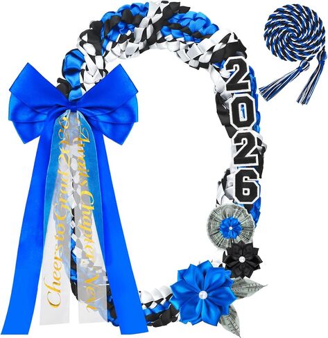 50 بوصة أزرق التخرج Lei Class of 2026 11Pcs Graduation Lei 2026 Double Braided Money Lei مع شريط فيونكات من الساتان وزهور هدايا الحفلات للنساء والرجال (أزرق وأسود وأبيض) in Kuwait