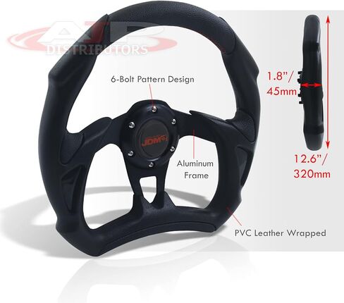 موزعي AJP JDM Sport Universal 320 مم 13 بوصة 6 فتحة بولت عجلة قيادة مسطحة القاع على شكل D جلد أسود PVC خفيف الوزن من الألومنيوم 3 تكلم + زر قرن استبدال مسار الانجراف in Kuwait
