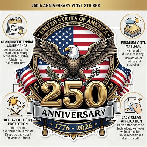 عبوتان من ملصق الذكرى السنوية الـ 250 لأمريكا الوطنية في الرابع من يوليو 1776-2026 من الفينيل للسيارات والشاحنات، وملصقات ممتص الصدمات للاستقلال الأمريكي لمدة 250 عامًا | صنع في الولايات المتحدة الأمريكية (4 × 4 بوصة - متوسط) in Kuwait