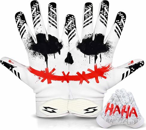 Joker Football Receiver Gloves White – White with Red Jester Smile Battle College Lineman Unleash Your Venom with Tacky Pro Grip Palms Football Gloves Men Adult Youth Kids Boys in Saudi Arabia