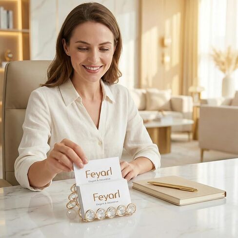 Feyarl Crystal Business Card Holder Stand Office Business Name Cards Display Sparkly Desktop Gift Card Photo Organizer Storage for Office Meeting Desk Front(Gold) in Kuwait