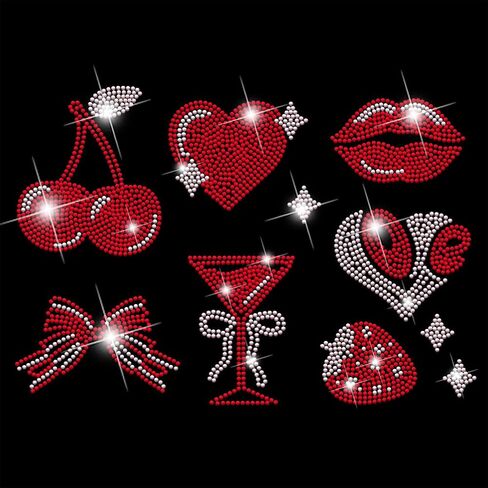 SUPERDANT 7Pcs Cute Girls' Stuff Iron On Patch Lips Cherry Hearts Bows Rhinestone Transfer Bling Appliqué Rectangle for T Shirts Clothes Jacket Clothing Hoodie DIY Art Craft Gift 32x23.8cm in Kuwait