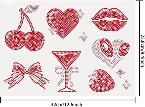 SUPERDANT 7Pcs Cute Girls' Stuff Iron On Patch Lips Cherry Hearts Bows Rhinestone Transfer Bling Appliqué Rectangle for T Shirts Clothes Jacket Clothing Hoodie DIY Art Craft Gift 32x23.8cm in Kuwait