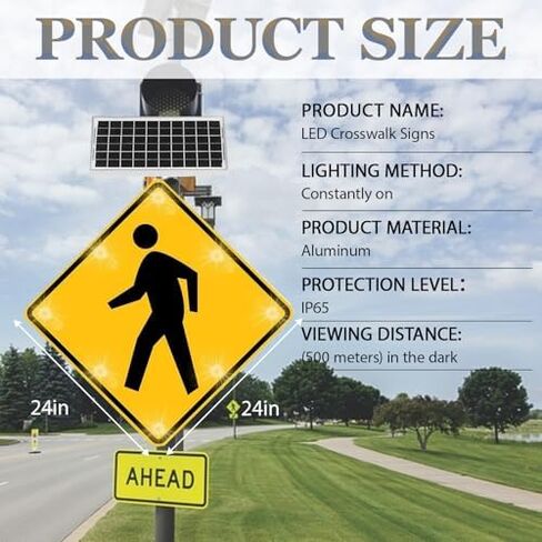 LED Solar Pedestrian Crossing Sign - 24" Weatherproof Blinking Traffic Light, IP65 Aluminum Safety Alerts for Sidewalk & Roadways, 2-Pack for Enhanced Visibility in Kuwait