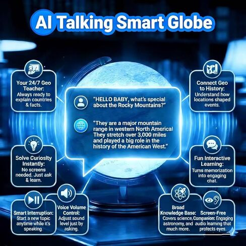 Illuminated Smart World Talking Globe with Stand, Interactive 10" Children's Asking Globe with AI Function and Geographic Quiz Questions, Touch & Learn, Music, and More - Educational product for Kids Classroom Learning in Saudi Arabia