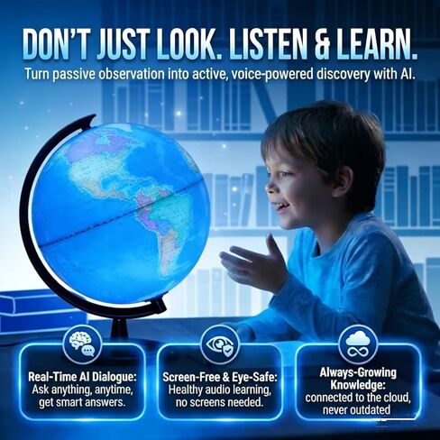 Illuminated Smart World Talking Globe with Stand, Interactive 10" Children's Asking Globe with AI Function and Geographic Quiz Questions, Touch & Learn, Music, and More - Educational product for Kids Classroom Learning in Saudi Arabia