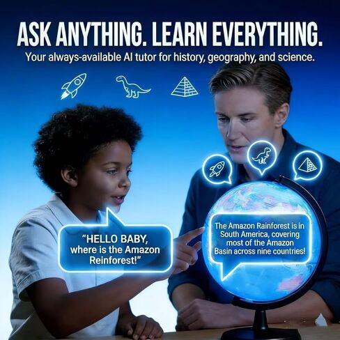 Illuminated Smart World Talking Globe with Stand, Interactive 10" Children's Asking Globe with AI Function and Geographic Quiz Questions, Touch & Learn, Music, and More - Educational product for Kids Classroom Learning in Saudi Arabia