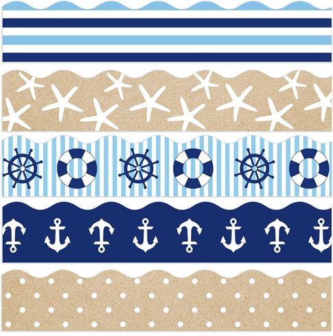 AnyDesign 70 Ft Nautical Bulletin Board Borders Trim Navy Blue Anchor Stripe Scalloped Self-Adhesive Sticker Decals for Summer Coastal Party Home Classroom Wall DIY Decoration, 60 Pcs in Kuwait
