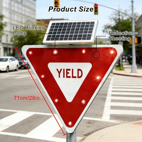 28" Solar-Powered LED Blinking Yield Sign - Durable Aluminum Flashing Traffic Signal for Highways, Neighborhoods, Crosswalks - Enhance Safety and Visibility in Kuwait