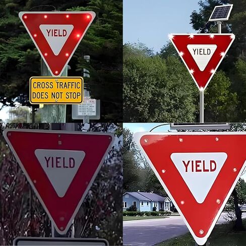 28" Solar-Powered LED Blinking Yield Sign - Durable Aluminum Flashing Traffic Signal for Highways, Neighborhoods, Crosswalks - Enhance Safety and Visibility in Kuwait