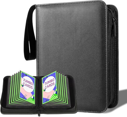 Jumbo Card Binder 100 Pockets for Oversized & Big Cards - Ringless PU Leather Binder with Zippered Closure, Top Loading & Wrist Strap, Fits 6x8 Inch XL Game Cards, Sports & Trading Card (Black) in Saudi Arabia