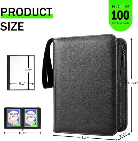 Jumbo Card Binder 100 Pockets for Oversized & Big Cards - Ringless PU Leather Binder with Zippered Closure, Top Loading & Wrist Strap, Fits 6x8 Inch XL Game Cards, Sports & Trading Card (Black) in Saudi Arabia