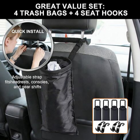 4 Pack Hanging Car Trash Bags, Washable Automotive Garbage Can for Back Seat with 4 Car Headrest Purse Hooks in Saudi Arabia