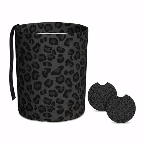Car Trash Bag Leopard Print Black Hanging Back of Seat Car Portable Trash Bag Leopard Print Black Waterproof One-Handed Portable Strap Drawstring Garbage Bags 2 Pieces Car Coasters in Kuwait