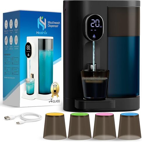 Healnix Automatic Mouthwash Dispenser for Bathroom (20.3 oz) - Touchless Smart Mouth Wash Dispenser with 4X Magnetic Cups - Wall-Mounted and Countertop Set for Kids and Adults Bathroom (White) in Saudi Arabia