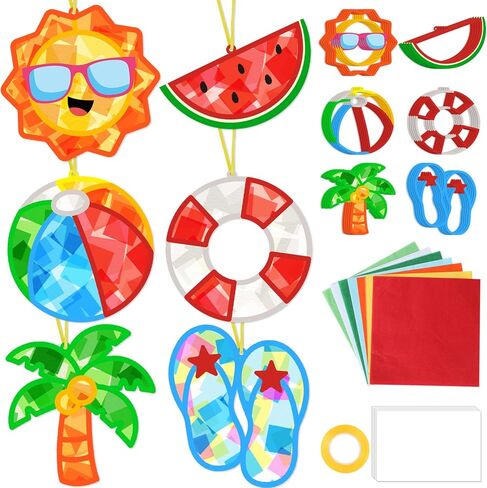 Qyeahkj 36 Set Summer Suncatchers Crafts for Kids DIY Hawaiian Pool Sun Window Tissue Paper Crafts Kit Hanging Decor for Beach School Classroom Activity Art Project Favor Gift in Kuwait
