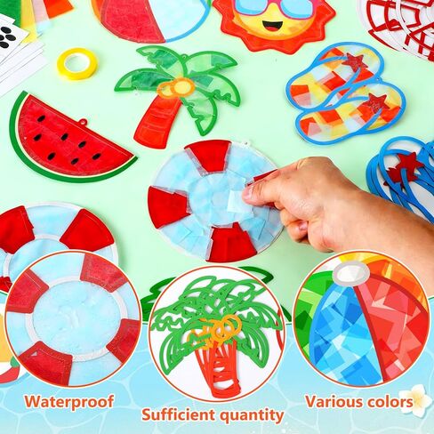 Qyeahkj 36 Set Summer Suncatchers Crafts for Kids DIY Hawaiian Pool Sun Window Tissue Paper Crafts Kit Hanging Decor for Beach School Classroom Activity Art Project Favor Gift in Kuwait