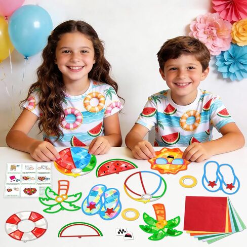 Qyeahkj 36 Set Summer Suncatchers Crafts for Kids DIY Hawaiian Pool Sun Window Tissue Paper Crafts Kit Hanging Decor for Beach School Classroom Activity Art Project Favor Gift in Kuwait
