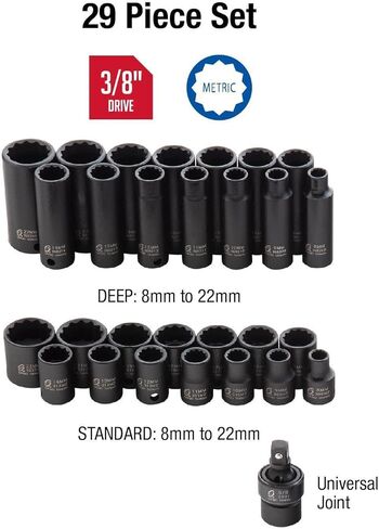 SUNEX TOOLS 3330, 3/8 Inch Drive Master Impact Socket Set, 12-Point, 29-Piece, Metric, 8mm-22mm, Standard/Deep, Cr-Mo Steel, Heavy Duty Storage Case, Includes Universal Joint in Saudi Arabia