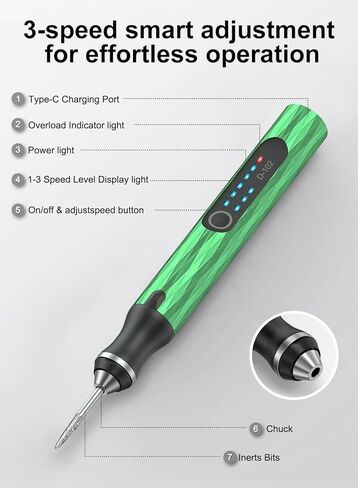 Upgraded Electric Engraving Pen, 37 Bits, 3-Speed Adjustable, USB Rechargeable, Cordless Rotary Tool for 50+ Surfaces – Perfect for DIY Crafts & Personalization – Ideal Valentine's Day Gift –Green in Saudi Arabia