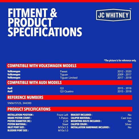 JC Whitney JFBAJCWBC00367 Front Left Brake Caliper - Compatible with Volkswagen Tiguan 2009-2017, Passat 2012-2020, Tiguan Limited 2017-2018, Audi Q3 2015-2018, Q3 Quattro 2015-2018 in Kuwait