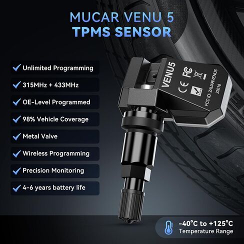 MUCAR VENU5 TPMS Sensor Set of 4, Activation Relearn by Universal TPMS Tool,Tire Pressure Sensor 2-in-1 (315MHz + 433MHz) OE Programmed by T261/VENU iPro for 98% Vehicle Model in Saudi Arabia