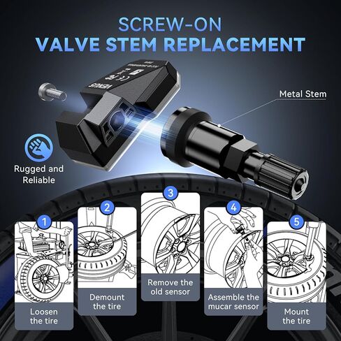 MUCAR VENU5 TPMS Sensor Set of 4, Activation Relearn by Universal TPMS Tool,Tire Pressure Sensor 2-in-1 (315MHz + 433MHz) OE Programmed by T261/VENU iPro for 98% Vehicle Model in Saudi Arabia