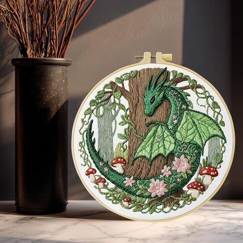 ZuoAnLF Green Dragon Handmade DIY Embroidery kit for Beginners Adult,ncludes Embroidery Cloth, Instructions, Embroidery Frame and Needle and Thread, Suitable for Craft Lover Hand Stitch Gifts in Saudi Arabia