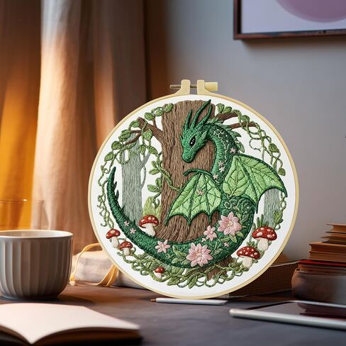 ZuoAnLF Green Dragon Handmade DIY Embroidery kit for Beginners Adult,ncludes Embroidery Cloth, Instructions, Embroidery Frame and Needle and Thread, Suitable for Craft Lover Hand Stitch Gifts in Saudi Arabia