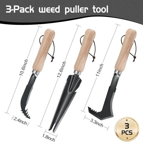 3-Pack Hand Weed Puller Tool, Stainless Steel Garden Trowel with Wooden Handle,L-Shaped Crevice Weeder,Curved-Tip Weed Tool for Effectively Pulling Out Weeds and Their Roots in Saudi Arabia
