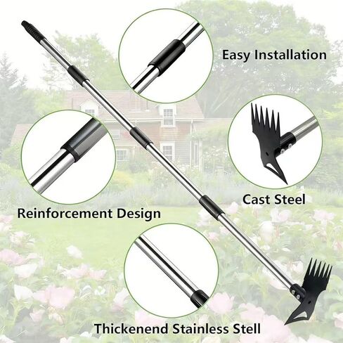 Weed Puller Tool with Long Handle (58IN) & Gloves, 2-in-1 Gardening Hand Tools Weeds Remover, Weeder Rake & Garden Hoe Combo, Manual Weeding Puller Tool for Garden Yard Patio Lawn in Saudi Arabia