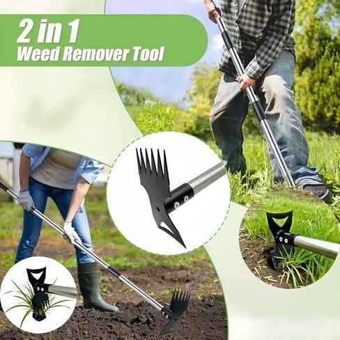 Weed Puller Tool with Long Handle (58IN) & Gloves, 2-in-1 Gardening Hand Tools Weeds Remover, Weeder Rake & Garden Hoe Combo, Manual Weeding Puller Tool for Garden Yard Patio Lawn in Saudi Arabia