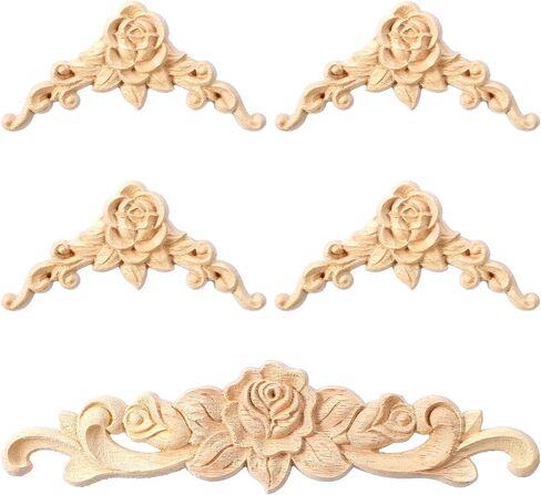 5PCS Wooden Rose Appliques Onlays Set, Unpainted Wood Carved Wall Decor for Furniture, Decorative Rose Wooden Onlay for Bed Door Wall Cabinet Wardrobe, Home Embellishments for Craft DIY Projects in Kuwait