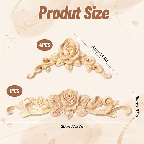 5PCS Wooden Rose Appliques Onlays Set, Unpainted Wood Carved Wall Decor for Furniture, Decorative Rose Wooden Onlay for Bed Door Wall Cabinet Wardrobe, Home Embellishments for Craft DIY Projects in Kuwait