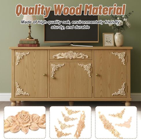 5PCS Wooden Rose Appliques Onlays Set, Unpainted Wood Carved Wall Decor for Furniture, Decorative Rose Wooden Onlay for Bed Door Wall Cabinet Wardrobe, Home Embellishments for Craft DIY Projects in Kuwait