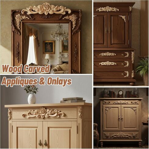 5PCS Wooden Rose Appliques Onlays Set, Unpainted Wood Carved Wall Decor for Furniture, Decorative Rose Wooden Onlay for Bed Door Wall Cabinet Wardrobe, Home Embellishments for Craft DIY Projects in Kuwait