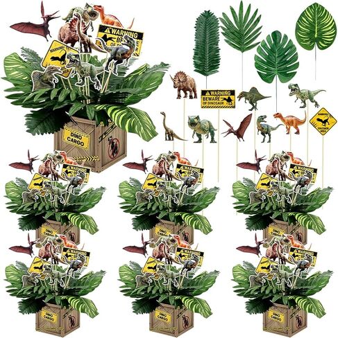 6 Set Dinosaur Party Table Centerpiece Decorations Include Dinosaur Theme Boxes, Dinosaur Centerpieces Sticks, Palm Leaves Artificial for Dinosaur Birthday Party Supplies Baby Shower Decorations in Saudi Arabia