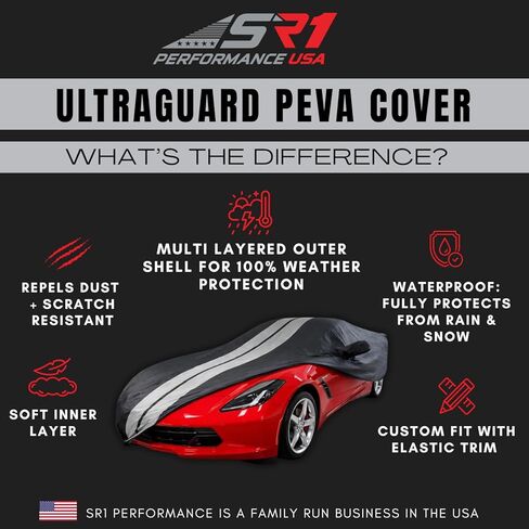 غطاء سيارة كورفيت SR1 Performance USA C7 - Ultraguard PEVA داخلي/خارجي مقاوم للماء طوال الموسم - مخصص عالي الجودة يناسب 2014-2019 Stingray، Z51، Z06، Grand Sport Corvettes (أسود مع خطوط رمادية) in Kuwait