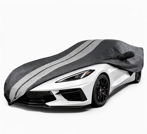 غطاء سيارة كورفيت SR1 Performance USA C7 - Ultraguard PEVA داخلي/خارجي مقاوم للماء طوال الموسم - مخصص عالي الجودة يناسب 2014-2019 Stingray، Z51، Z06، Grand Sport Corvettes (أسود مع خطوط رمادية) in Kuwait