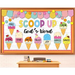 Summer Christian Bulletin Board Decorations Set Bible Verse Inspirational Jesus Classroom Decoration Summer Ice Cream Religious Paper Cutouts for Sunday School Church VBS Home Chalkboard Wall Decor in Saudi Arabia