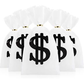Mikzhskr 30 Pcs Money Treat Bags with Dollar Sign, Gold Twist Ties, Prop Bank Pouch Cellophane Candy Bag for Pirate Cowboy Cosplay Theme Party Supplies (9 x 5.5 Inch) in Kuwait