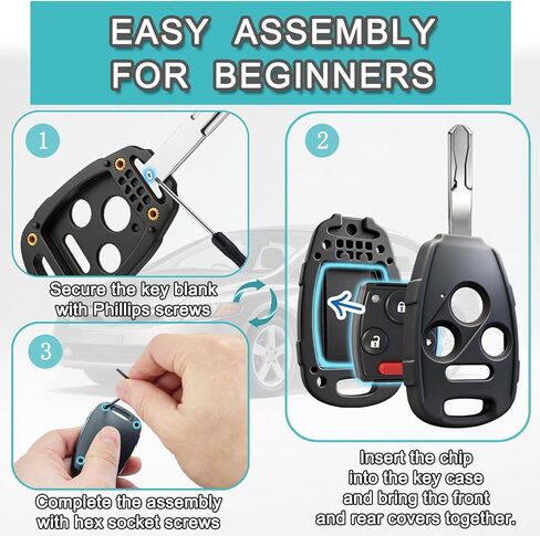 غطاء غطاء Key Fob متوافق مع Honda Accord 2003-2012، Civic EX 2006-2013، Pilot 2009-2015، CR-V 2005-2006 - متين ممتاز، مقاوم للخدش، القطع غير مطلوب (زر 4-أسود، 1) in Kuwait