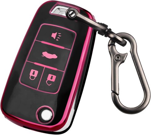 QBUC for Chevy Key Fob Cover with Keychain Soft TPU Compatible with 2010-2019 Chevy Equinox Malibu Impala Cruze Sonic Camaro 4-Buttons (Black with Pink Trim) in Kuwait