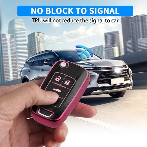 QBUC for Chevy Key Fob Cover with Keychain Soft TPU Compatible with 2010-2019 Chevy Equinox Malibu Impala Cruze Sonic Camaro 4-Buttons (Black with Pink Trim) in Kuwait