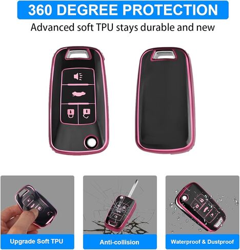 QBUC for Chevy Key Fob Cover with Keychain Soft TPU Compatible with 2010-2019 Chevy Equinox Malibu Impala Cruze Sonic Camaro 4-Buttons (Black with Pink Trim) in Kuwait
