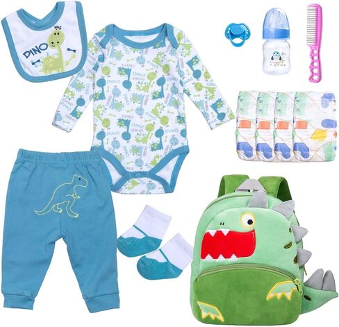 12 Pcs Reborn Baby Doll Clothes Boy Blue Dinosaur Outfit Accessories for 17-22 Inch Reborn Dolls Newborn Baby Boy Clothes Set with Backpack Diaper in Kuwait