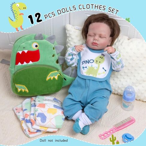 12 Pcs Reborn Baby Doll Clothes Boy Blue Dinosaur Outfit Accessories for 17-22 Inch Reborn Dolls Newborn Baby Boy Clothes Set with Backpack Diaper in Kuwait