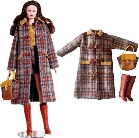 Fashion Doll Clothing Set, Luxury Tartan Winter Brown Plaid Tailored Coat and Skirt with Matching Tote Bag,Shoes in Saudi Arabia